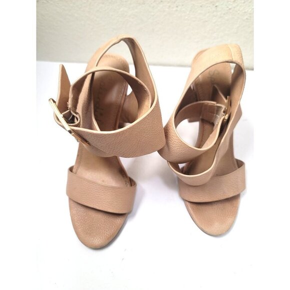 Splendid Women's Leather & Wood Sandal Heels Ankle Strap In Tan Size 7.5 M - Picture 1 of 12